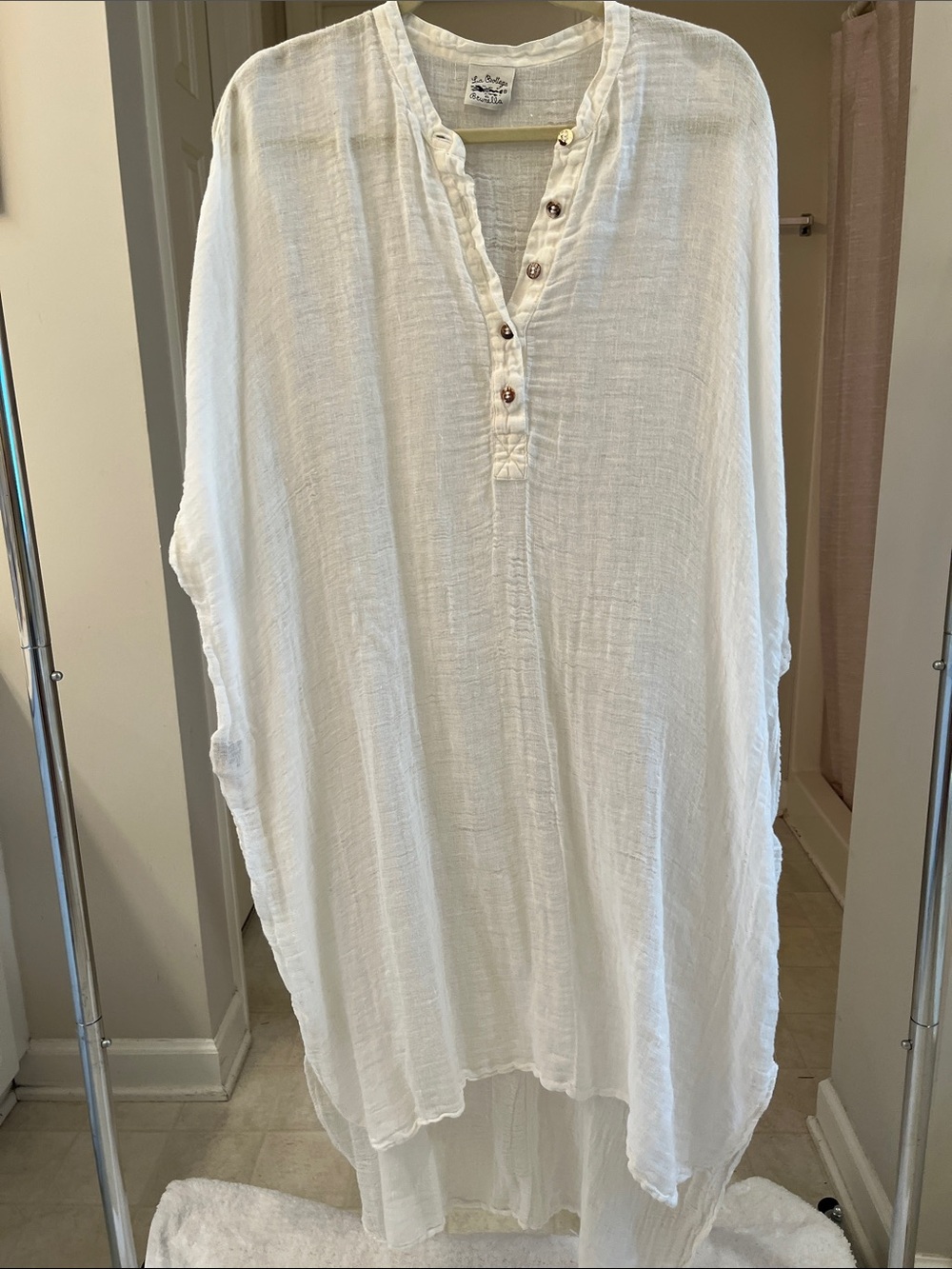 Sheer White Linen Gauze Button-Front Tunic Dress